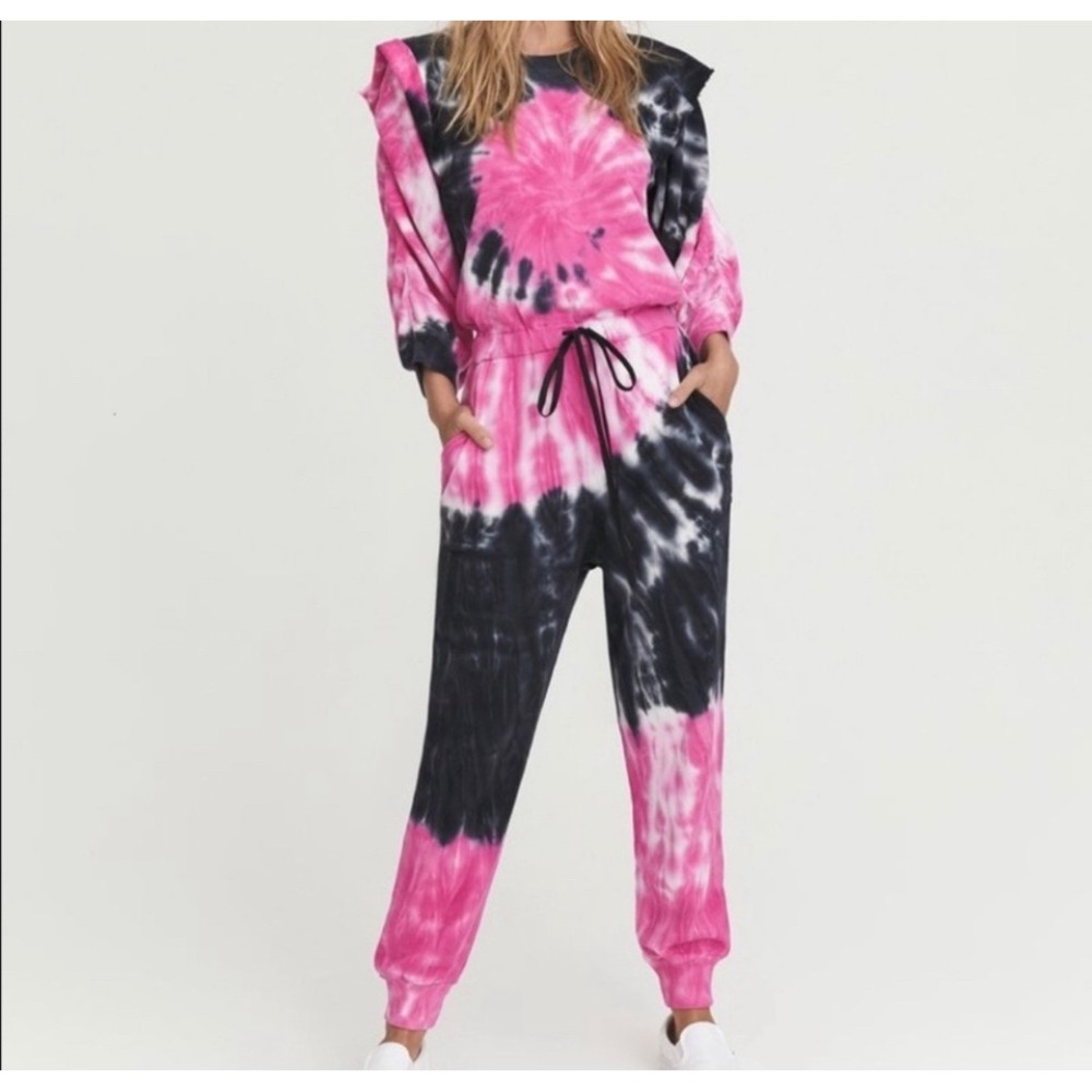 Something Navy Meghan Tie Dye Ruffle‎ Sleeve Jumpsuit Pink Black Cotton XS